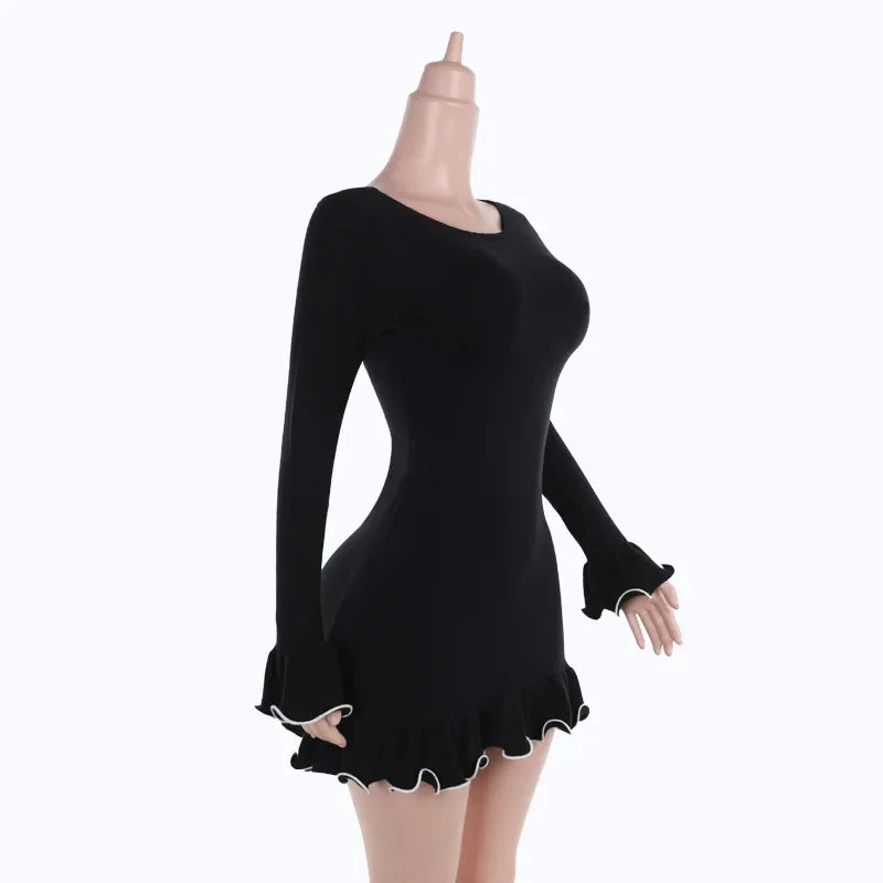 Knitted Ruffle Black Dress