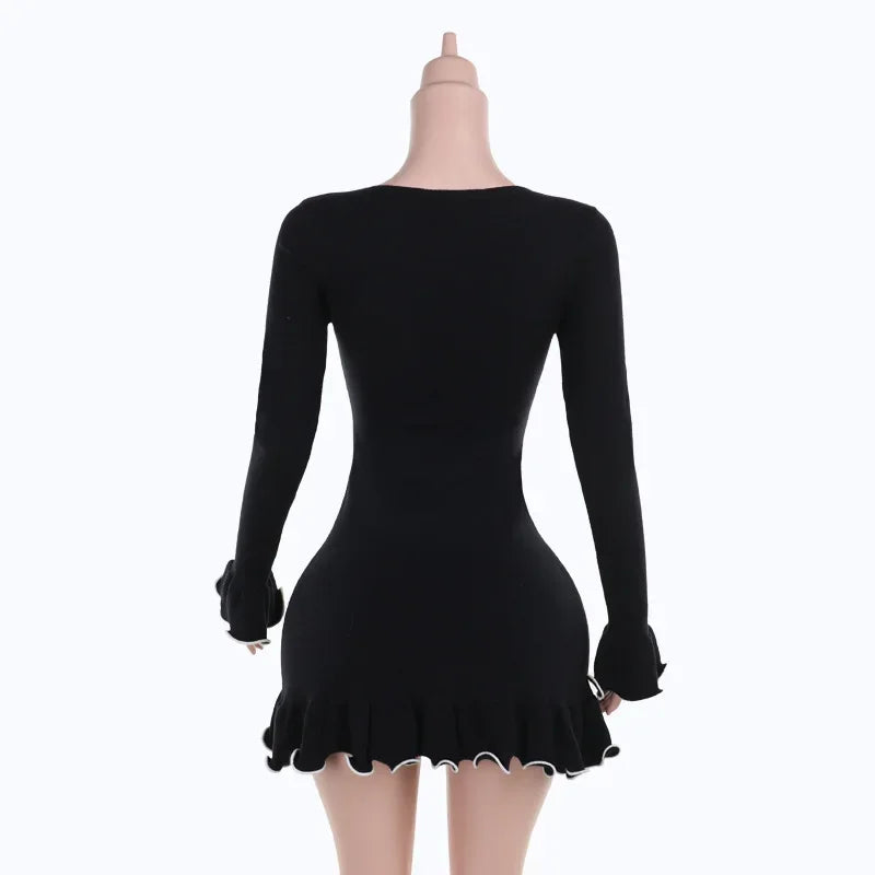 Knitted Ruffle Black Dress