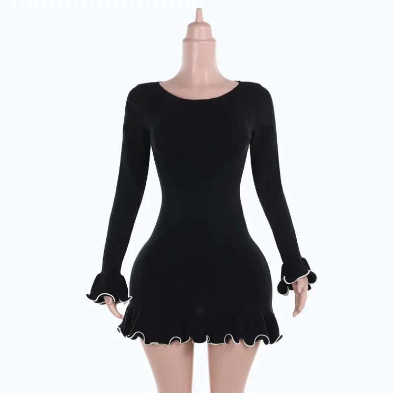 Knitted Ruffle Black Dress